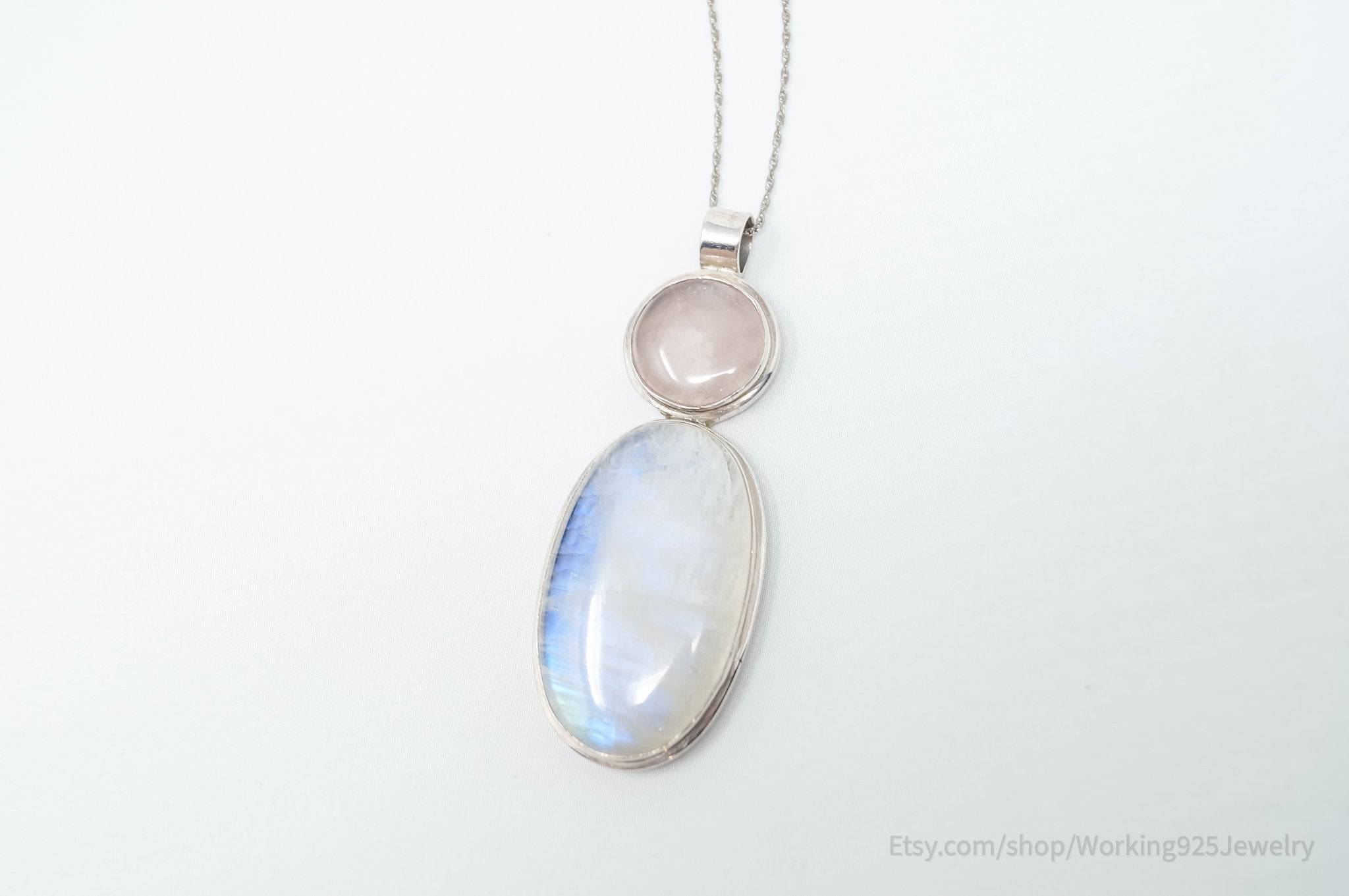 Vintage Large Moonstone Rose Quartz Sterling Silver Southwestern Necklace | Jewelry > Necklaces > Pendants | Wiccan Center