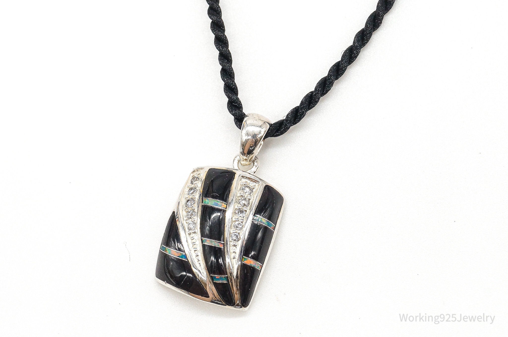 Vintage ROX Opal Cubic Zirconia Black Onyx Sterling Silver Necklace | Jewelry > Necklaces > Pendants | Wiccan Center