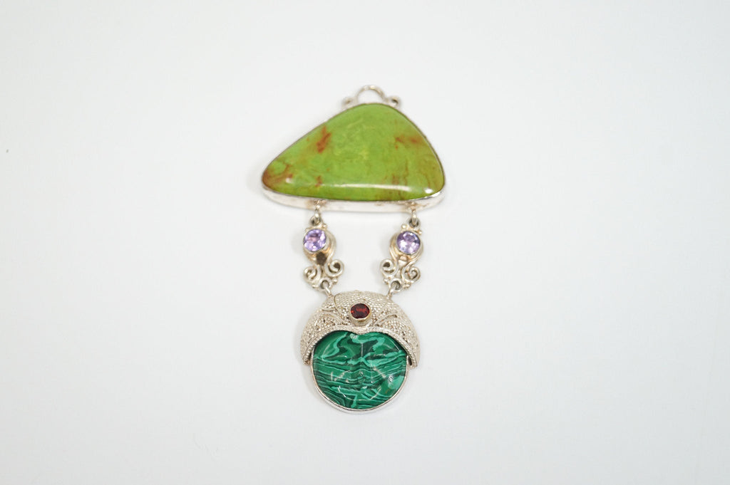 Vintage Turquoise Amethyst Malachite Garnet Sterling Silver Moon Face Pendant | Jewelry > Necklaces > Pendants | Wiccan Center