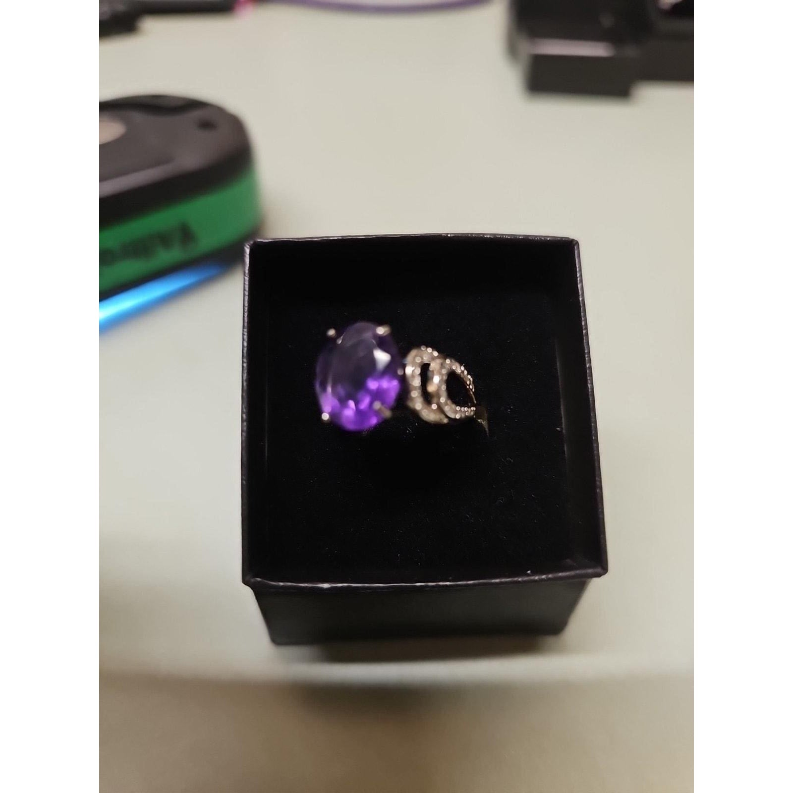 Womens 14K White Gold Platinum Finish Size 6 Ring Amethyst & Diamonds