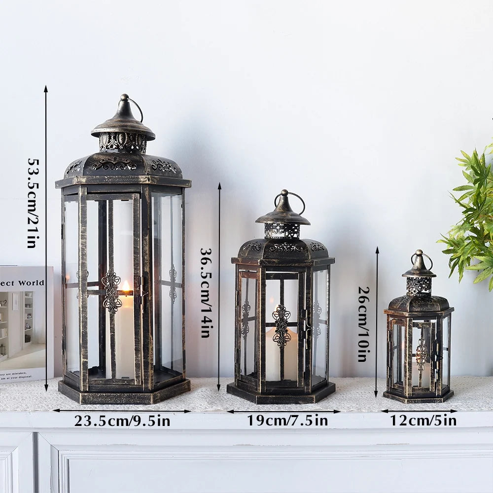 Set of 3-20.5''&14"&10"H Candle Lanterns(Black with Gold Brush) | Decorative Candle Lanterns | Wiccan Center