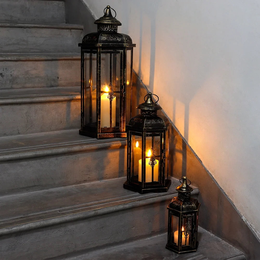 Set of 3-20.5''&14"&10"H Candle Lanterns(Black with Gold Brush) | Decorative Candle Lanterns | Wiccan Center