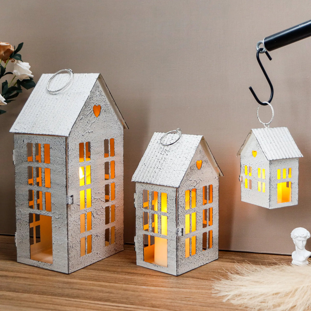 13.5"&9.5"&5.5"H Village Farmhouse House Candle Holders for Home Decor Patio Wedding | Decorative Candle Lantern | Wiccan Center