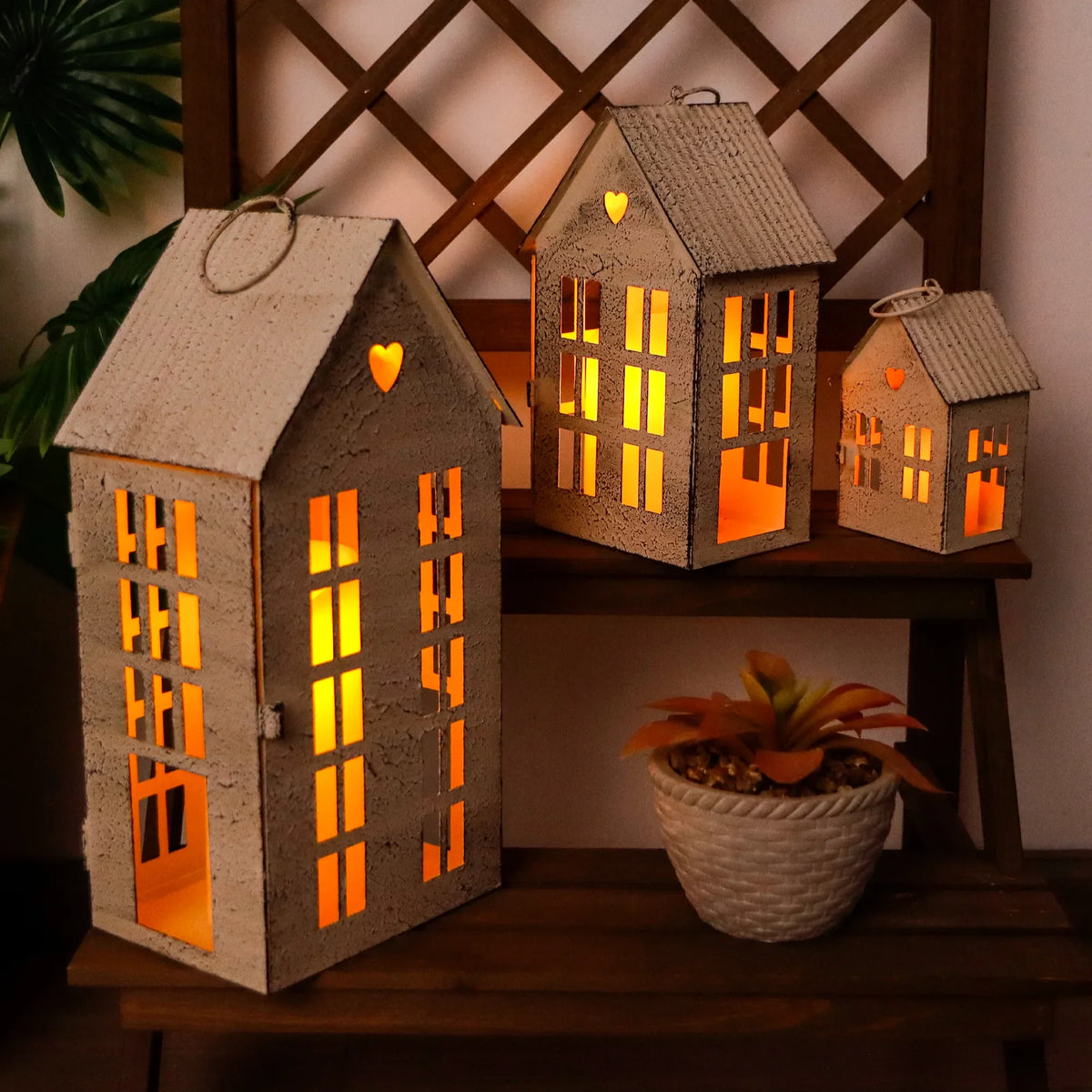 13.5"&9.5"&5.5"H Village Farmhouse House Candle Holders for Home Decor Patio Wedding | Decorative Candle Lantern | Wiccan Center