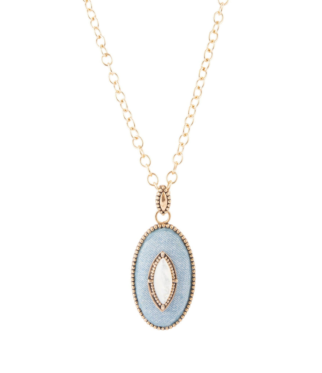 Blue Denim Dreams White Mother of Pearl Golden Pendant Necklace | Necklaces | Wiccan Center