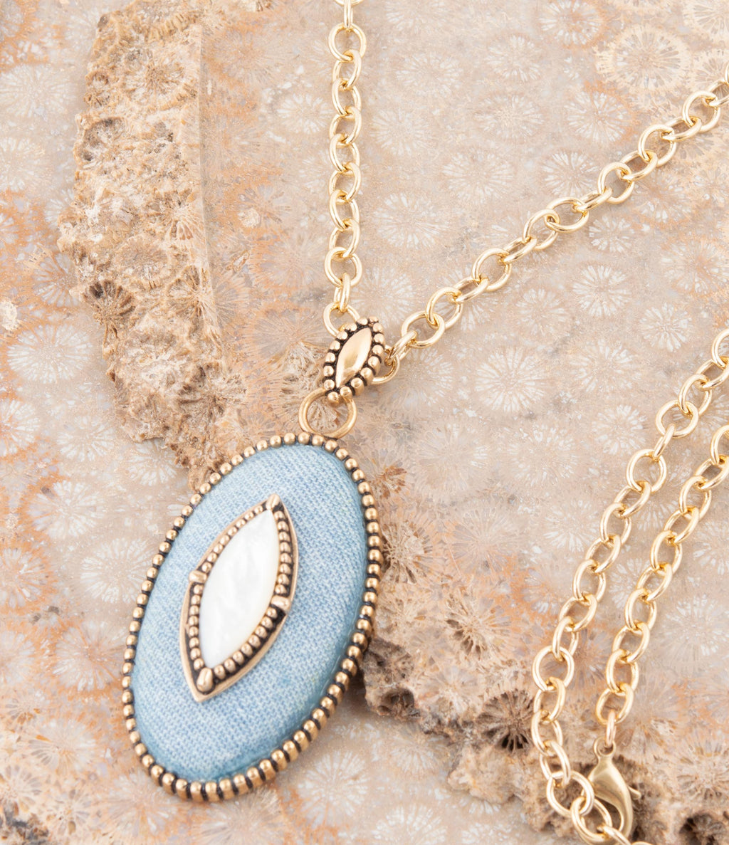 Blue Denim Dreams White Mother of Pearl Golden Pendant Necklace | Necklaces | Wiccan Center