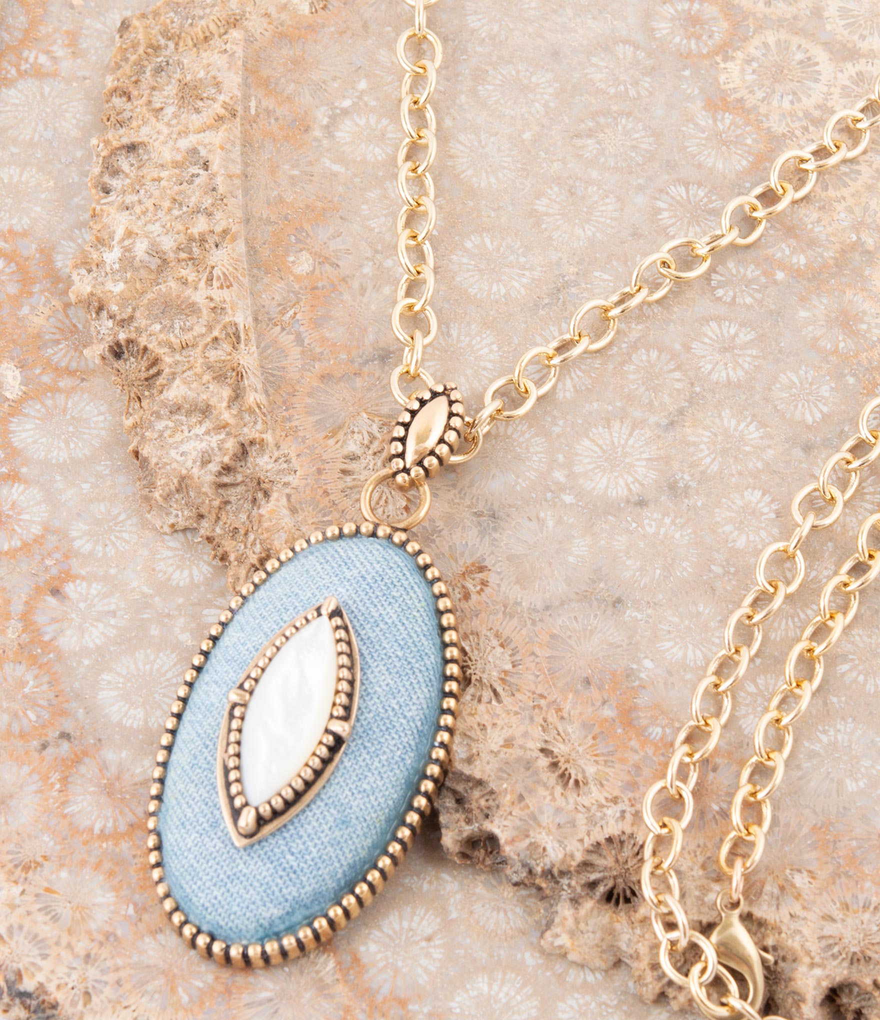 Blue Denim Dreams White Mother of Pearl Golden Pendant Necklace | Necklaces | Wiccan Center