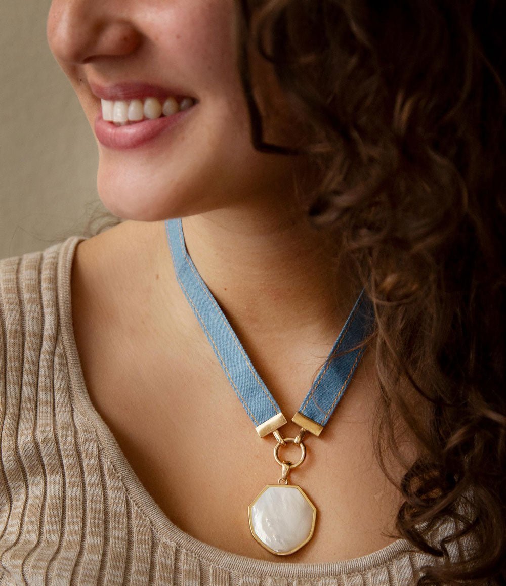 Blue Denim Dreams White Mother of Pearl Ribbon Golden Pendant Necklace | Necklaces | Wiccan Center