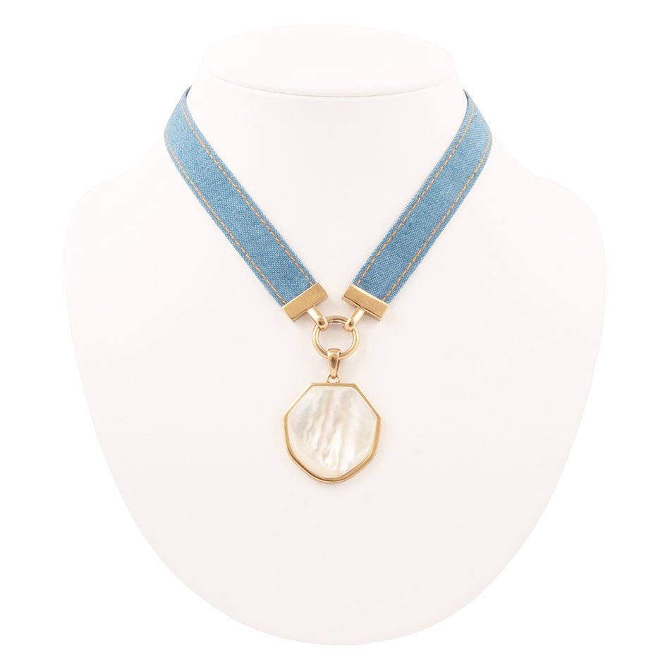 Blue Denim Dreams White Mother of Pearl Ribbon Golden Pendant Necklace | Necklaces | Wiccan Center