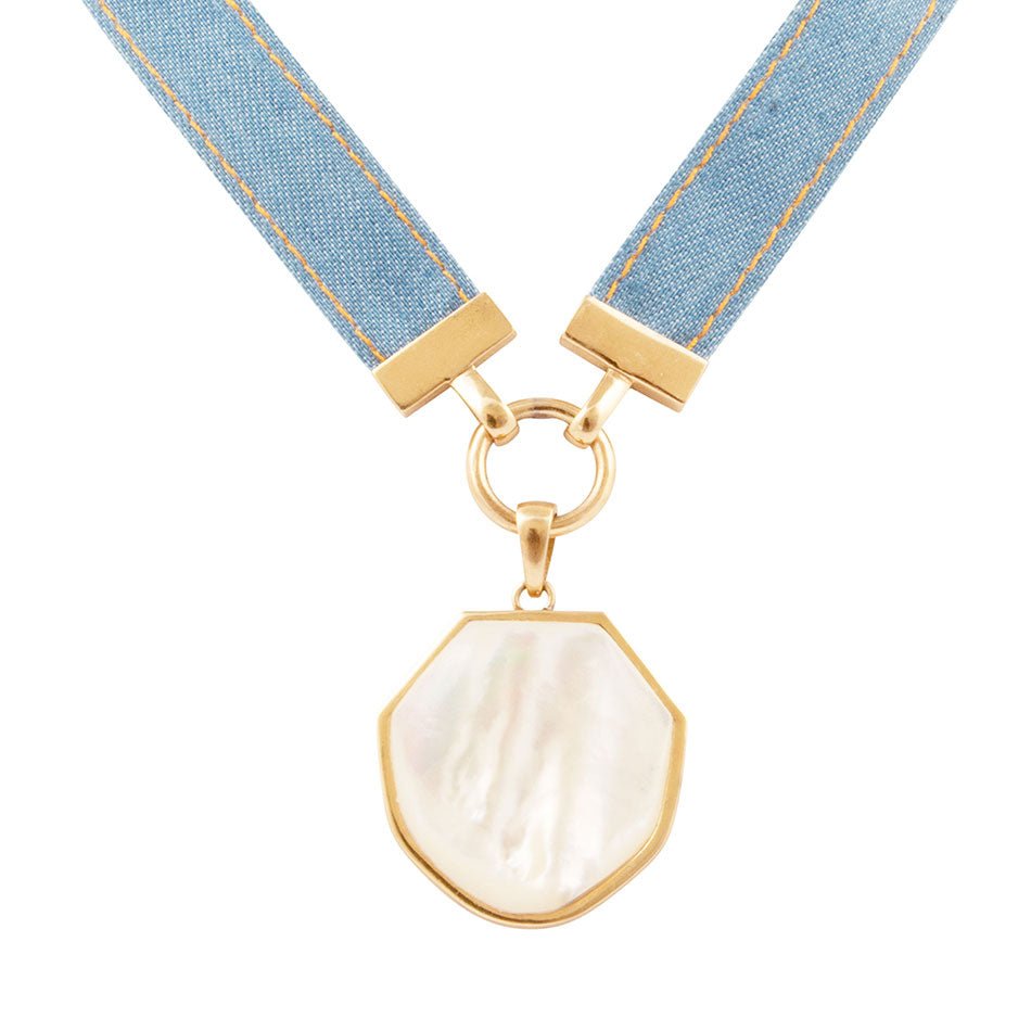Blue Denim Dreams White Mother of Pearl Ribbon Golden Pendant Necklace | Necklaces | Wiccan Center