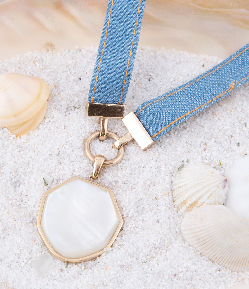 Blue Denim Dreams White Mother of Pearl Ribbon Golden Pendant Necklace | Necklaces | Wiccan Center