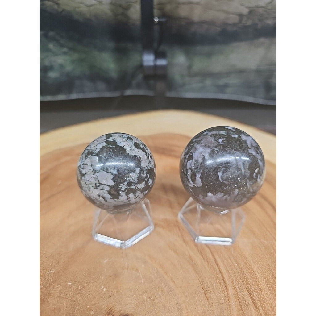 Black Flower of Fog Jasper Quartz Crystal Sphere Pair — 40mm, Madagascar | CrystalCloud Company
