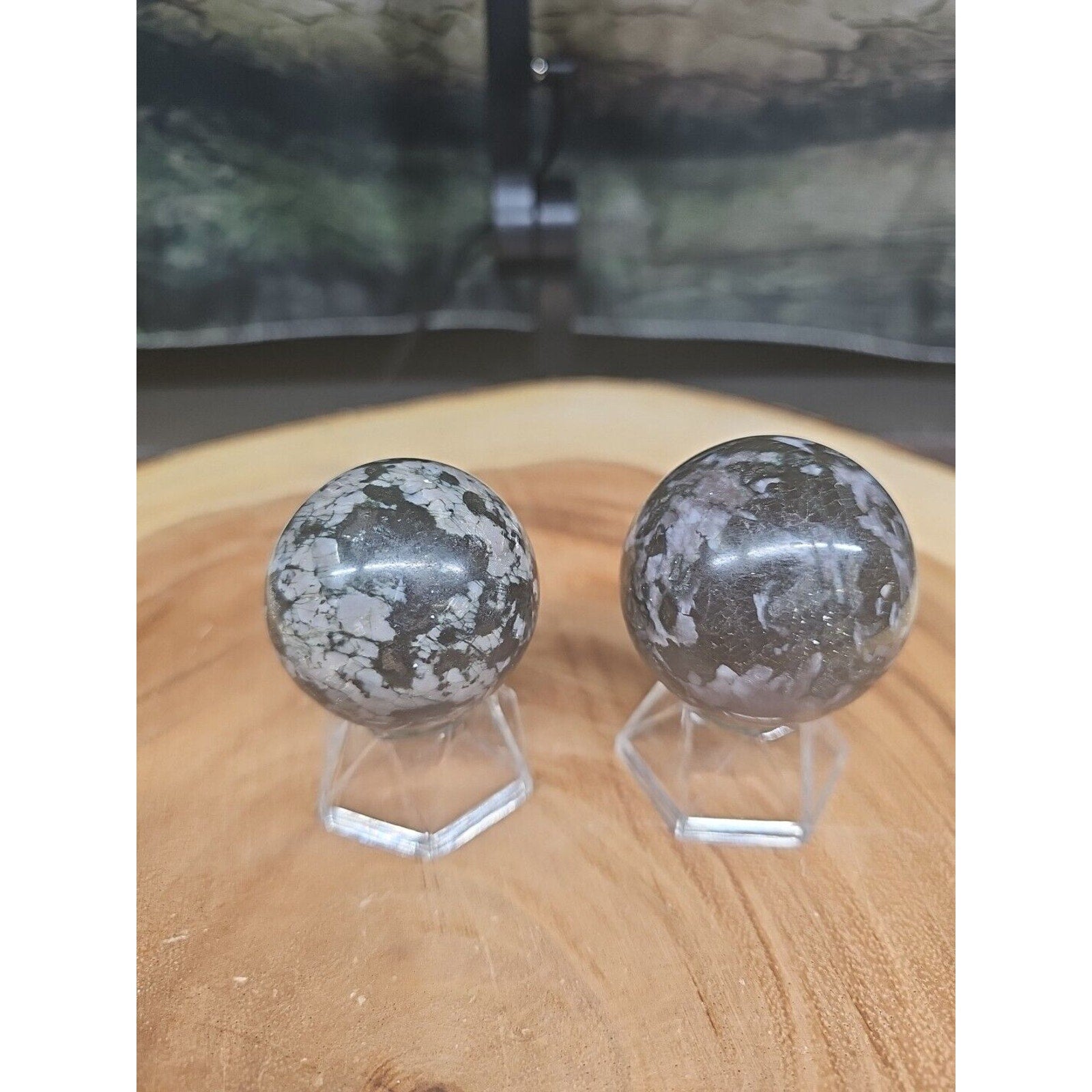 Black Flower of Fog Jasper Quartz Crystal Sphere Pair — 40mm, Madagascar | CrystalCloud Company