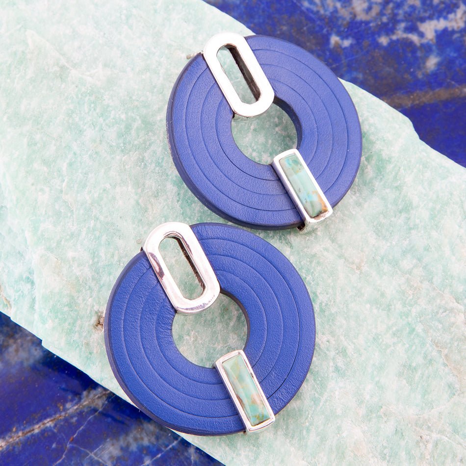 Discus Blue Turquoise and Leather Sterling Silver Earrings | Earrings | Wiccan Center
