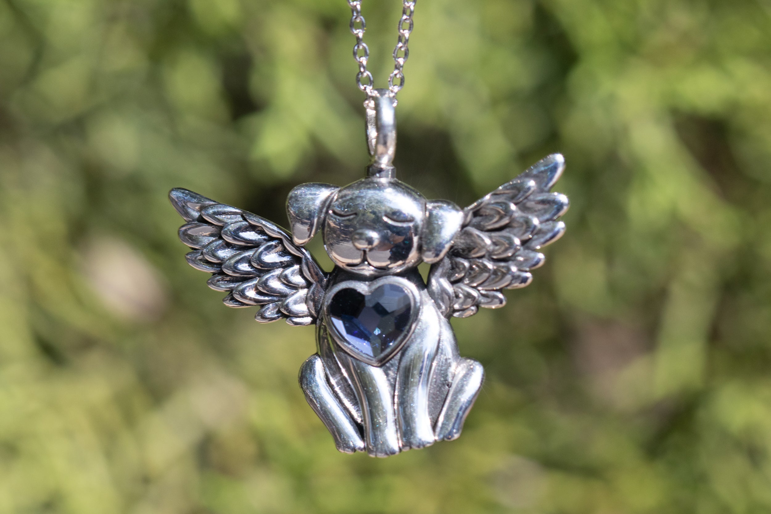 Crystal and Silver Dog Heart Cremation Necklace
