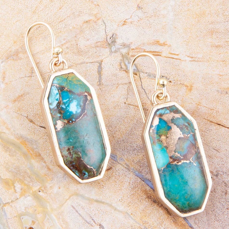 Dolce Teal Blue Turquoise Matrix Golden Drop Earrings | Earrings | Wiccan Center