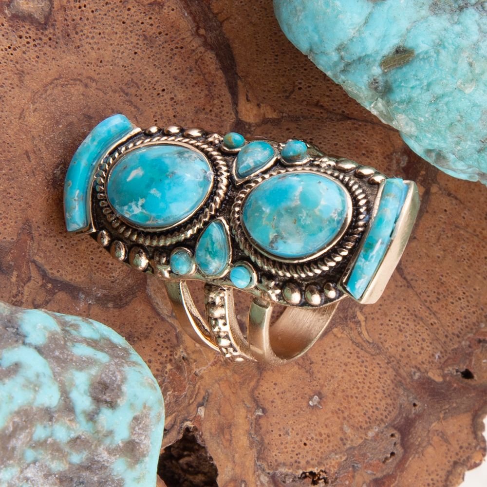 Double Blue Turquoise Golden Shield Ring | Rings | Wiccan Center