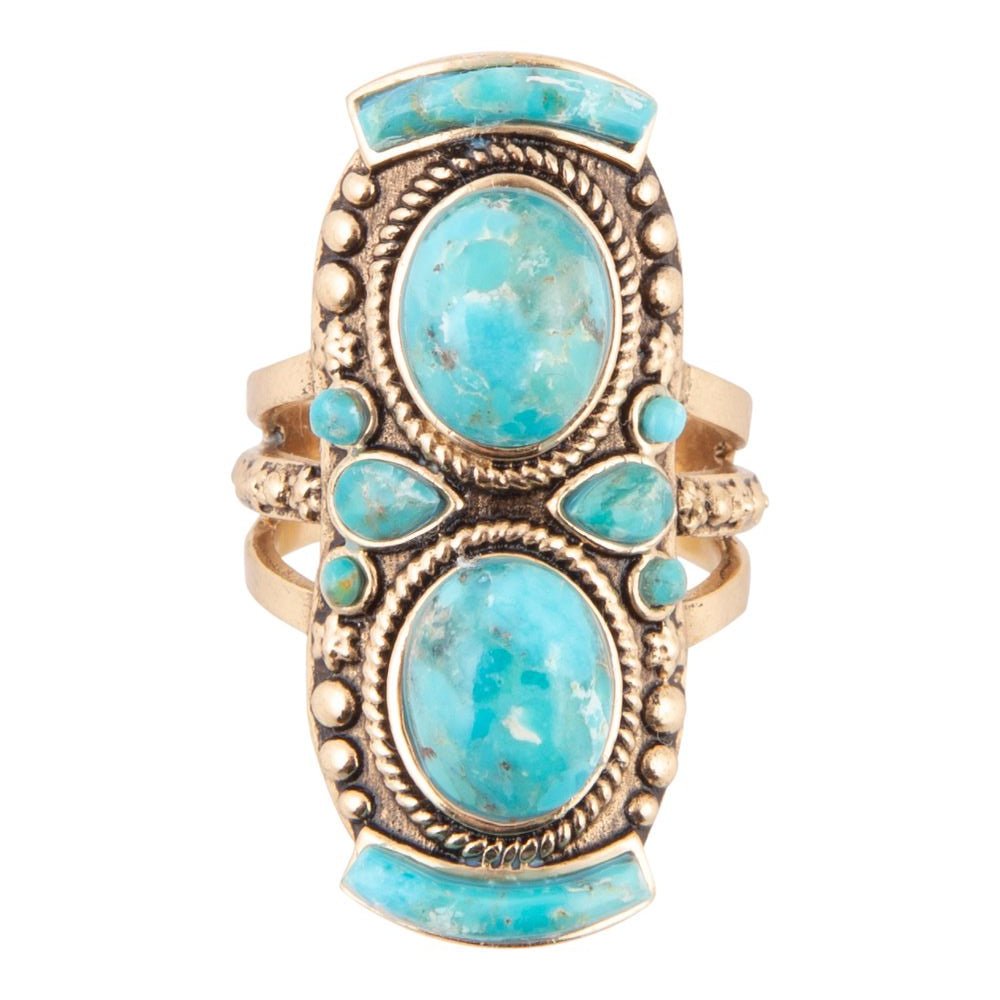 Double Blue Turquoise Golden Shield Ring | Rings | Wiccan Center