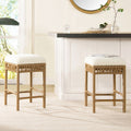 Lucia 25.5" Backless Upholstered Counter Stool with Resin Rattan Frame, Ivory White Boucle