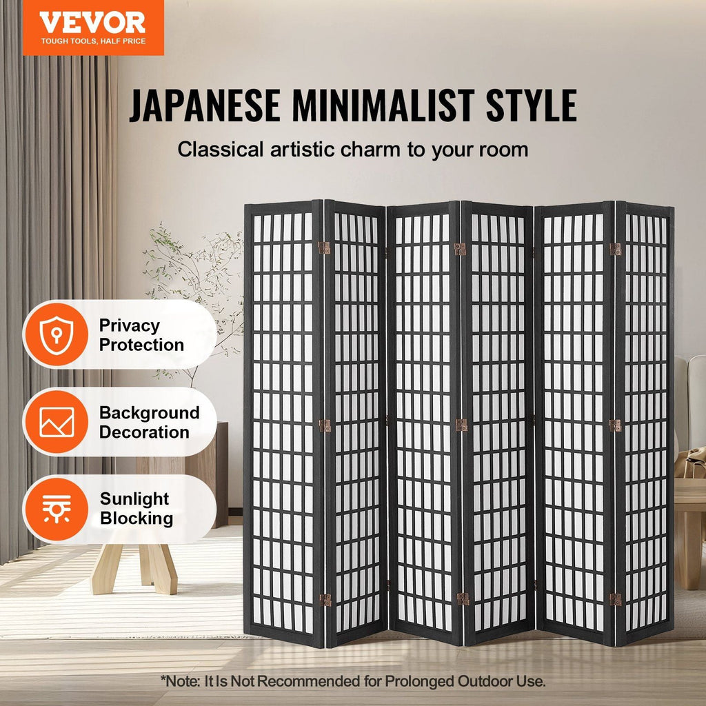 Black 6-Panel Japanese Folding Room Divider & Privacy Screen for Homes & Offices