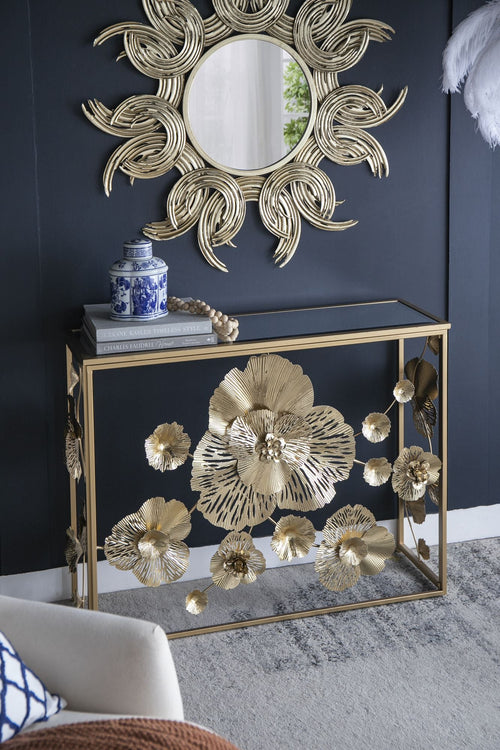 39.5" x 12" x 30.5" Gold Console Table with Mirrored Glass Top, Modern Entryway Table for Living Room Foyer Entryway | | Wiccan Center