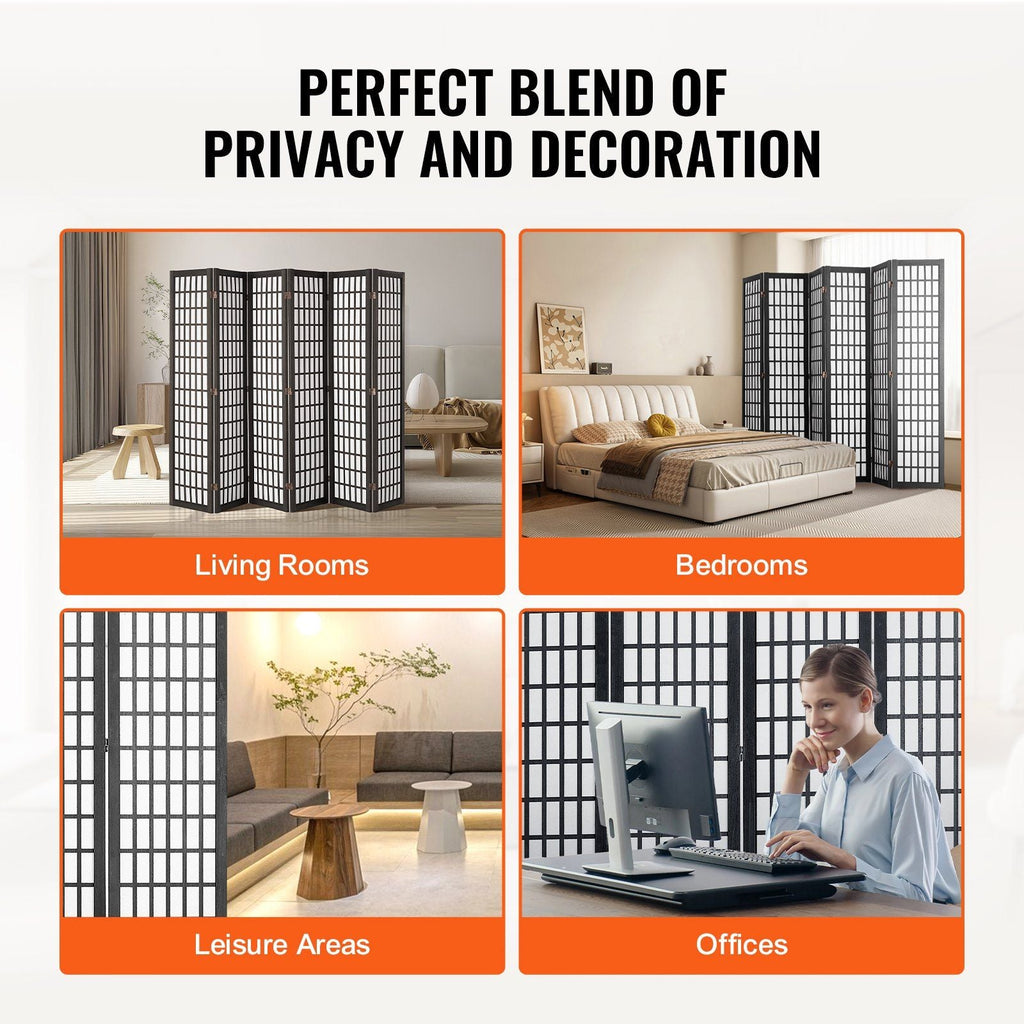 Black 6-Panel Japanese Folding Room Divider & Privacy Screen for Homes & Offices