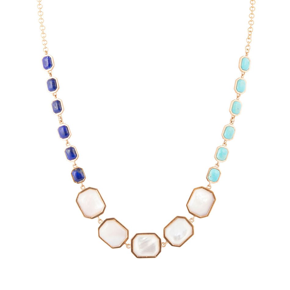 Dual Color Blue Lapis Turquoise and White Mother of Pearl Golden Necklace | Necklaces | Wiccan Center