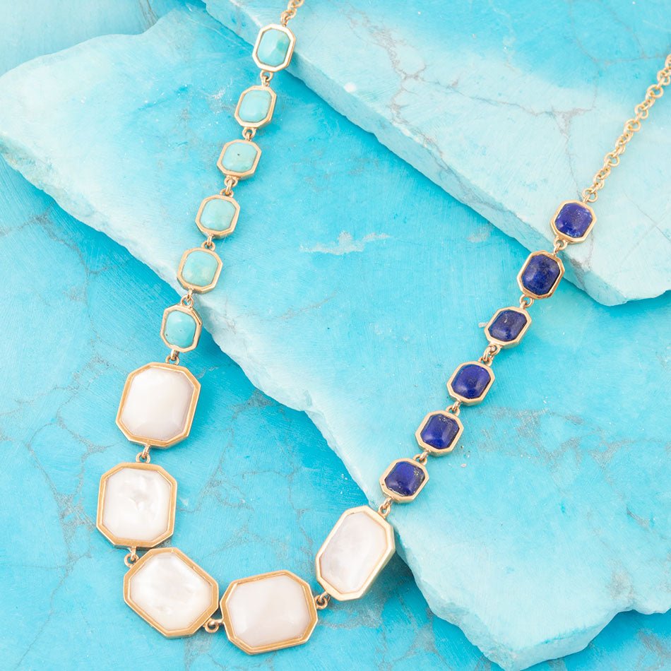 Dual Color Blue Lapis Turquoise and White Mother of Pearl Golden Necklace | Necklaces | Wiccan Center