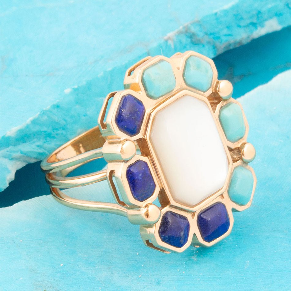 Dual Color Blue Lapis Turquoise and White Mother of Pearl Golden Ring | rings | Wiccan Center