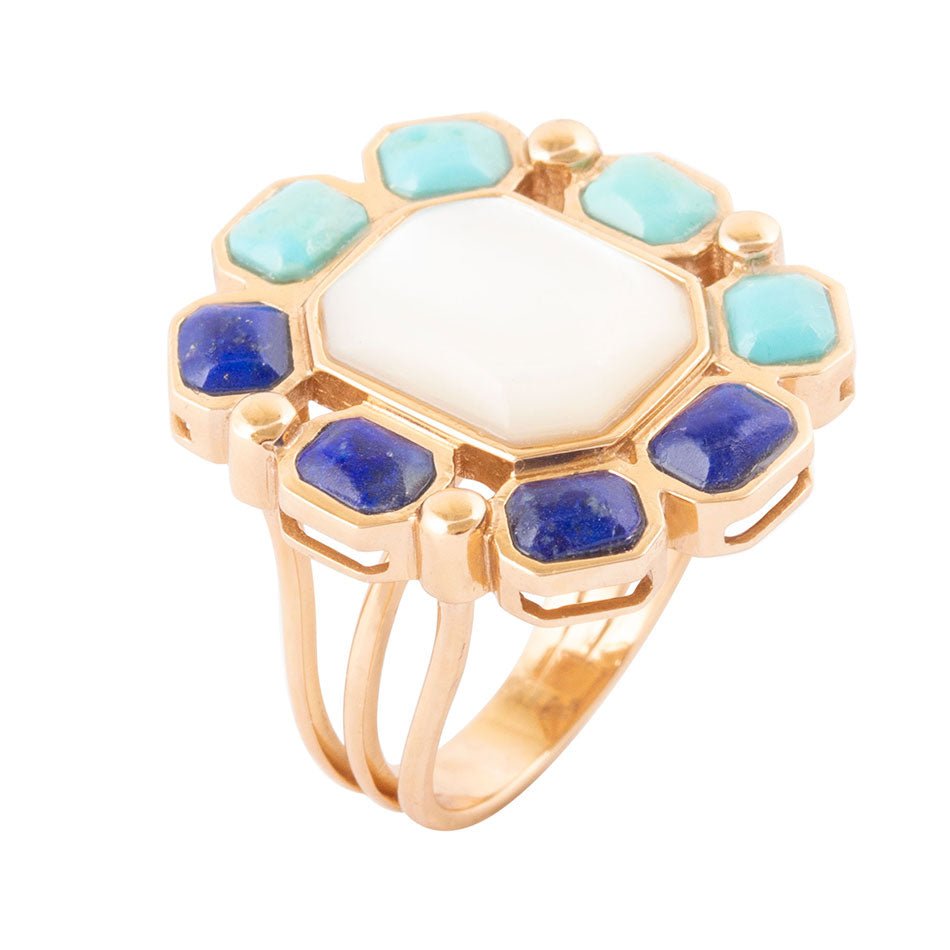 Dual Color Blue Lapis Turquoise and White Mother of Pearl Golden Ring | rings | Wiccan Center