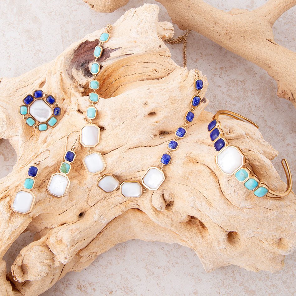 Dual Color Blue Lapis Turquoise and White Mother of Pearl Golden Ring | rings | Wiccan Center