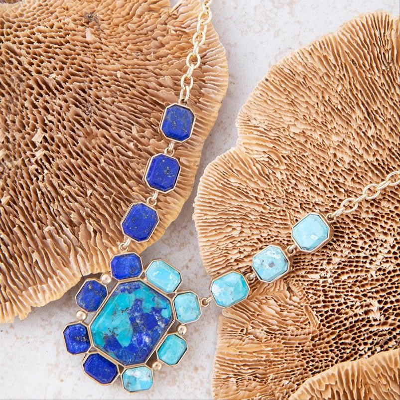 Duality Blue Lapis and Turquoise Golden Pendant Necklace | Necklaces | Wiccan Center
