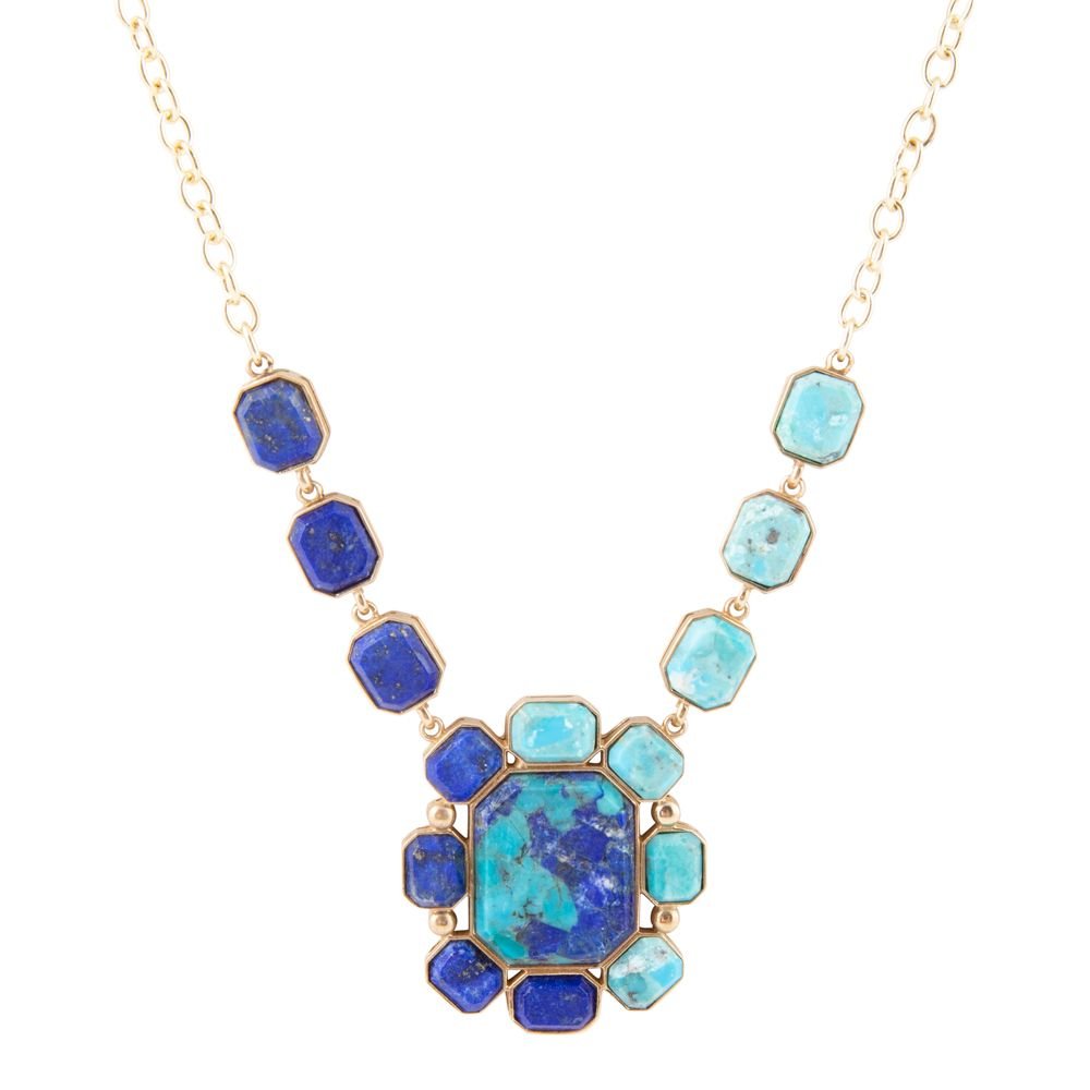 Duality Blue Lapis and Turquoise Golden Pendant Necklace | Necklaces | Wiccan Center