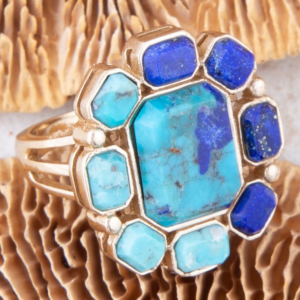 Duality Blue Lapis and Turquoise Golden Statement Ring | Rings | Wiccan Center
