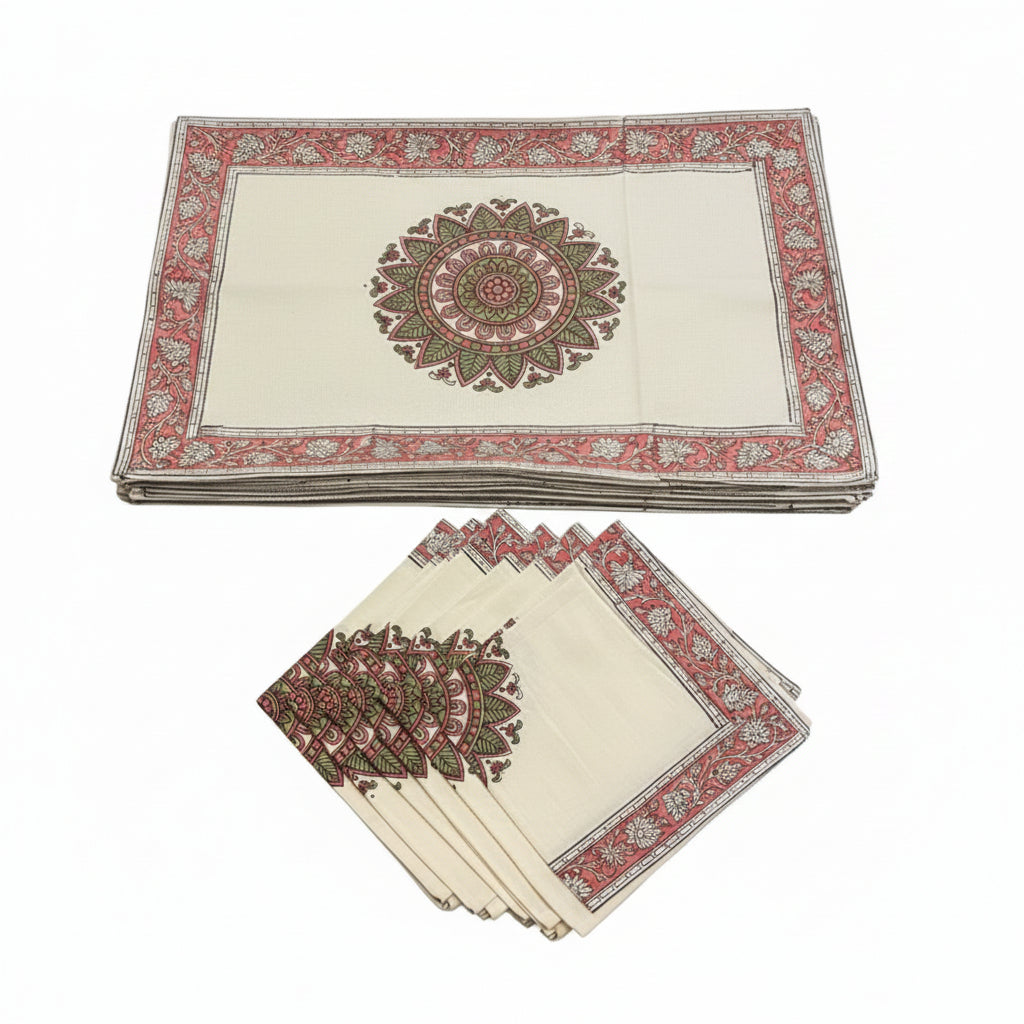 Dusty Rose & Sage Green Mandala Table Linen Set – 13 Piece | Hand Block Printed Cotton | Runner, Placemats & Napkins