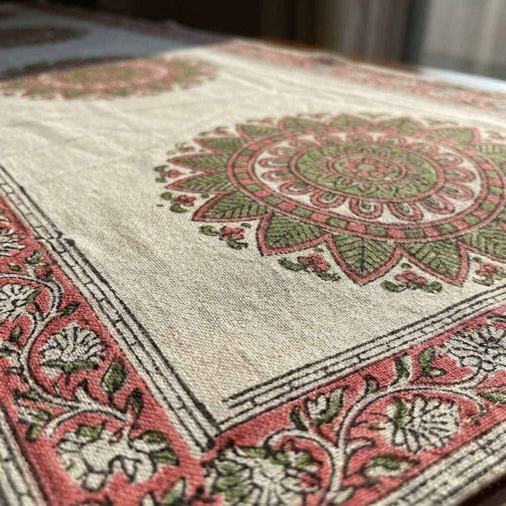 Dusty Rose & Sage Green Mandala Table Linen Set – 13 Piece | Hand Block Printed Cotton | Runner, Placemats & Napkins