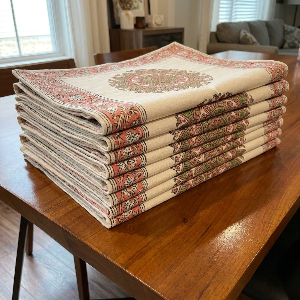 Dusty Rose & Sage Green Mandala Table Linen Set – 13 Piece | Hand Block Printed Cotton | Runner, Placemats & Napkins