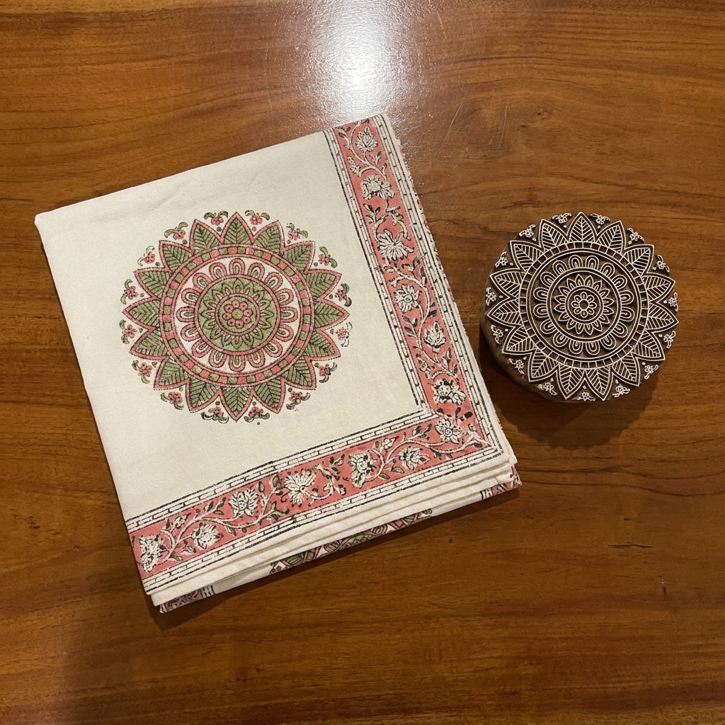 Dusty Rose & Sage Green Mandala Table Linen Set – 13 Piece | Hand Block Printed Cotton | Runner, Placemats & Napkins