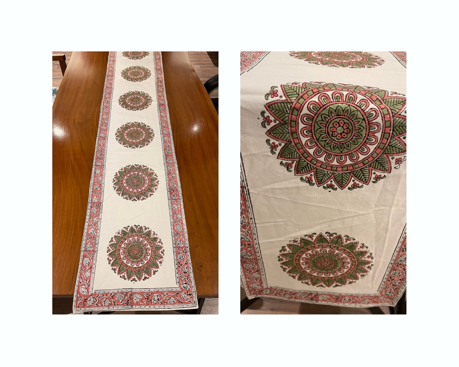 Dusty Rose & Sage Green Mandala Table Linen Set – 13 Piece | Hand Block Printed Cotton | Runner, Placemats & Napkins
