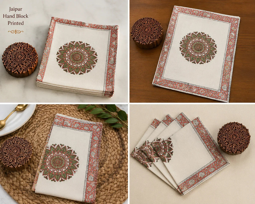 Dusty Rose & Sage Green Mandala Table Linen Set – 13 Piece | Hand Block Printed Cotton | Runner, Placemats & Napkins