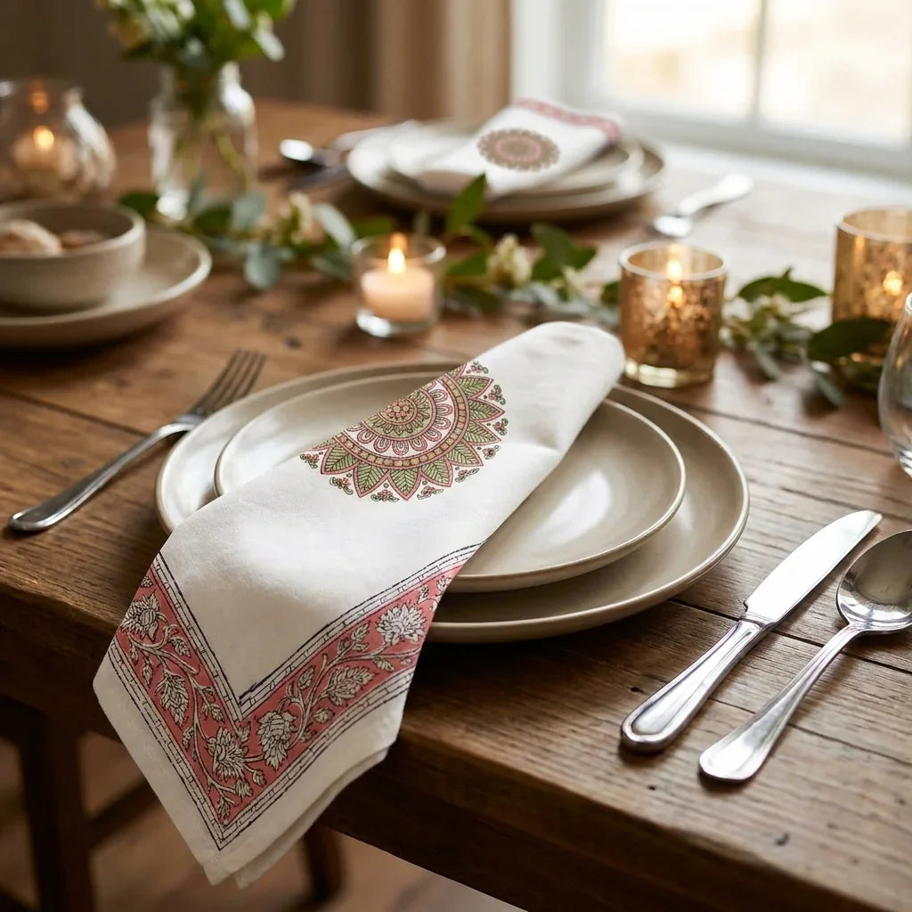 Dusty Rose & Sage Green Mandala Table Linen Set – 13 Piece | Hand Block Printed Cotton | Runner, Placemats & Napkins