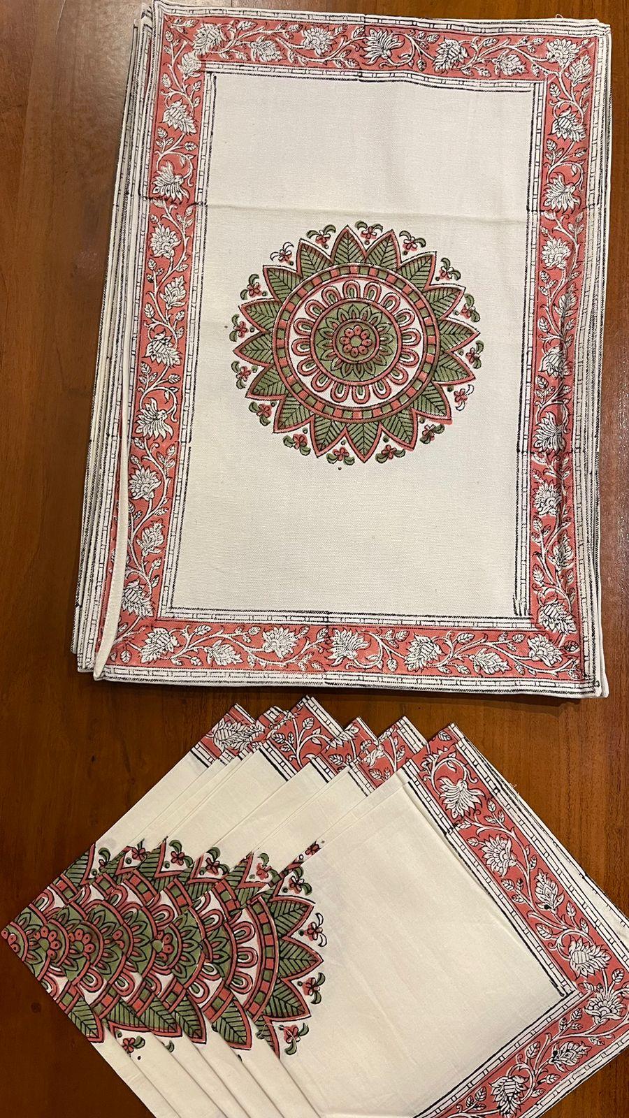 Dusty Rose & Sage Green Mandala Table Linen Set – 13 Piece | Hand Block Printed Cotton | Runner, Placemats & Napkins