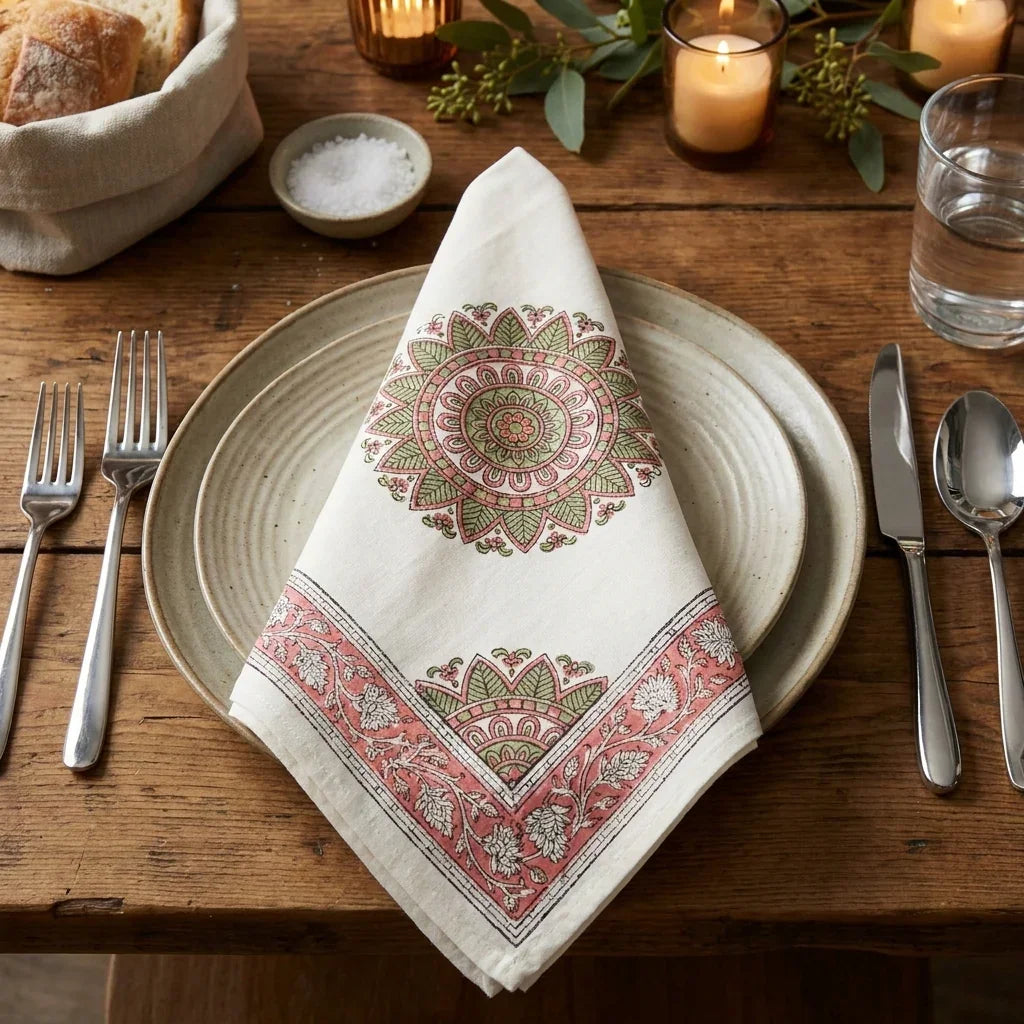 Dusty Rose & Sage Green Mandala Table Linen Set – 13 Piece | Hand Block Printed Cotton | Runner, Placemats & Napkins