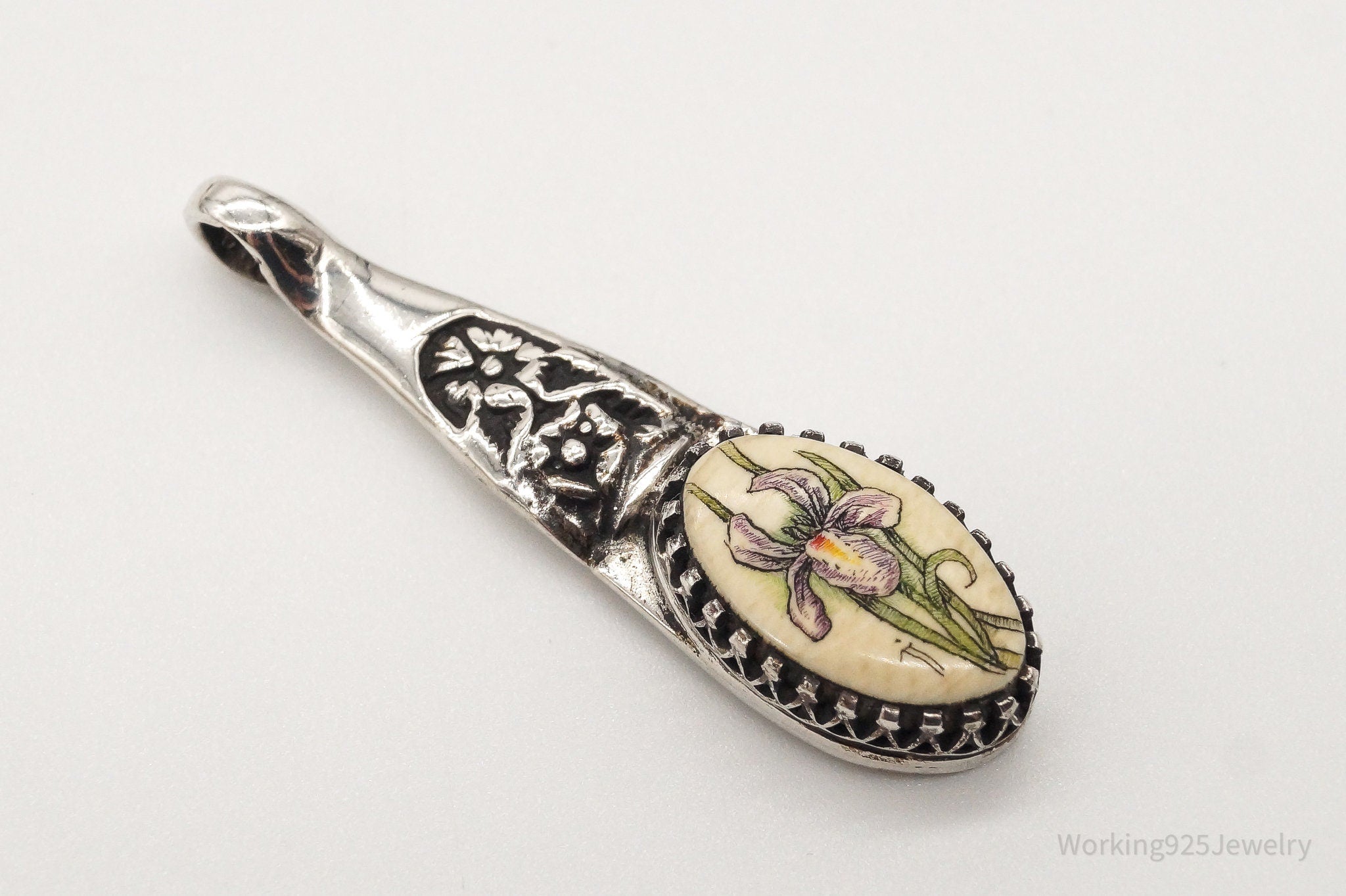 Antique Hand Painted Flower Faux Bone Sterling Silver Pendant | Jewelry > Necklaces > Pendants | Wiccan Center