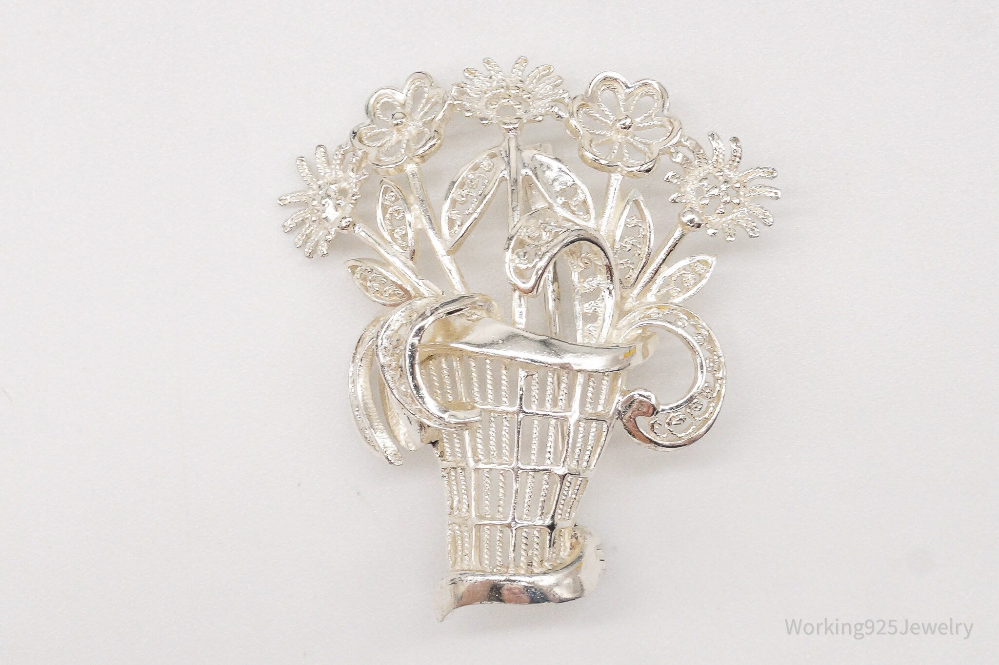 Vintage Mid Century German Sterling Silver Flower Basket Brooch Pin | Jewelry > Brooches, Pins & Clips | Wiccan Center