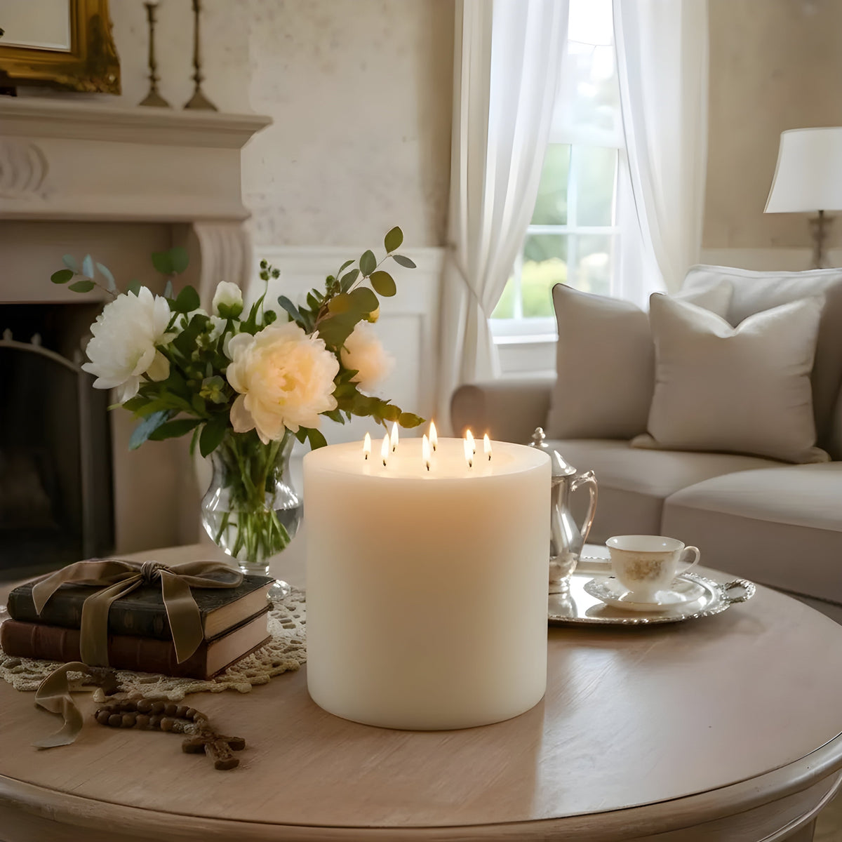 Bonfire White Beeswax Candle Eight-Wick Luxury Statement Pillar 9″ Tall 8″ Wide | Pillar Candles | Wiccan Center