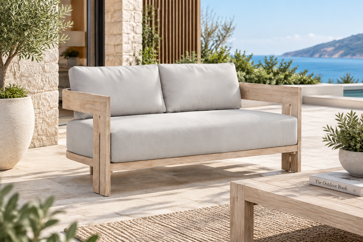Paradiso Outdoor Solid Teak Wood Love seat - Light Gray Fabric | love seat | Wiccan Center