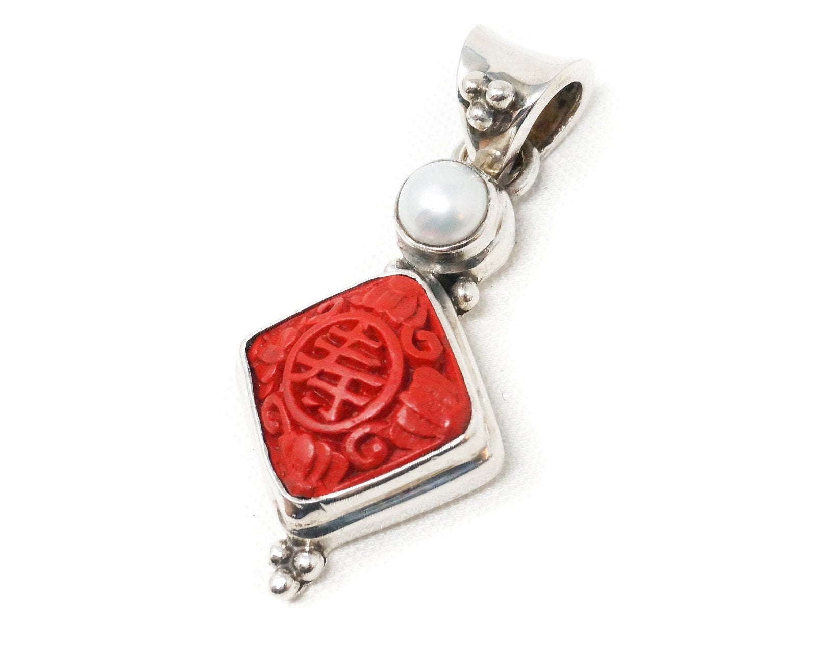 Vintage Chinese Carved Synthetic Coral Pearl Sterling Silver Necklace Pendant | Jewelry > Necklaces > Pendants | Wiccan Center