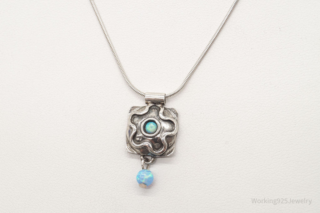 Vintage Flower Blue Fire Opal Hammered Style Sterling Silver Necklace | Jewelry > Necklaces | Wiccan Center