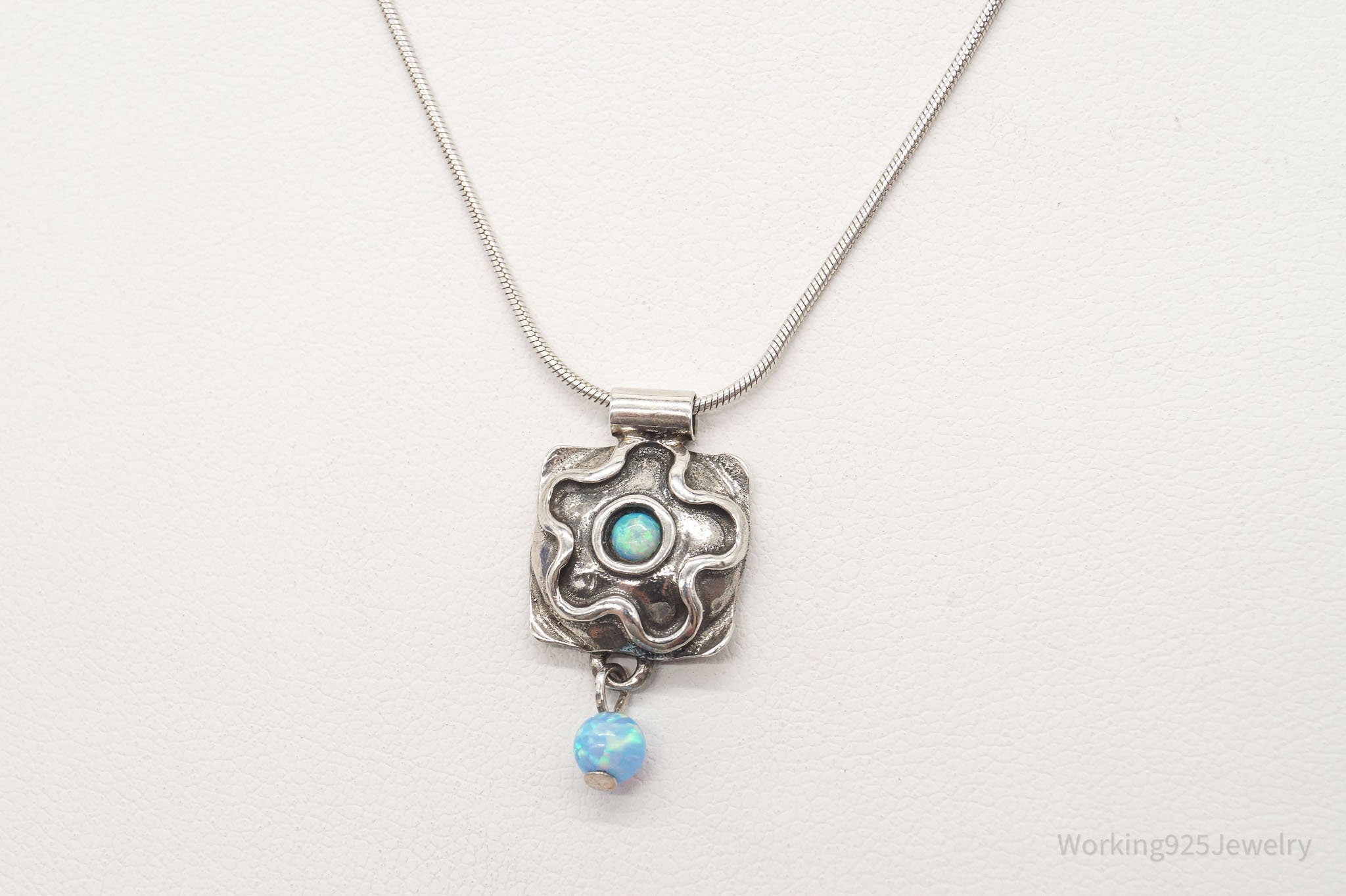 Vintage Flower Blue Fire Opal Hammered Style Sterling Silver Necklace | Jewelry > Necklaces | Wiccan Center